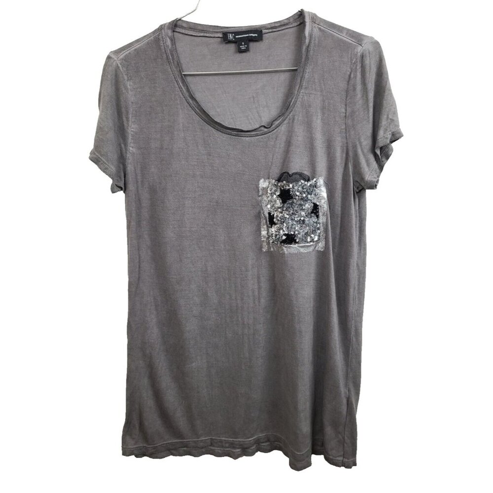 INC International Concepts Womens Top Small Gray Mineral Washed Sequin Pocket